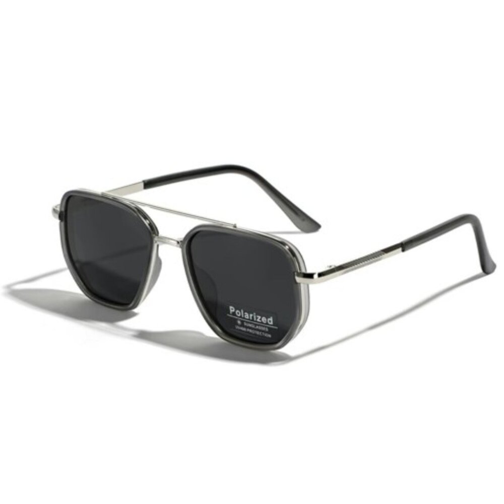 Black Silver & Clear Frost (Black Lens) Polarized Aviator Sunglasses BRAND-NEW!